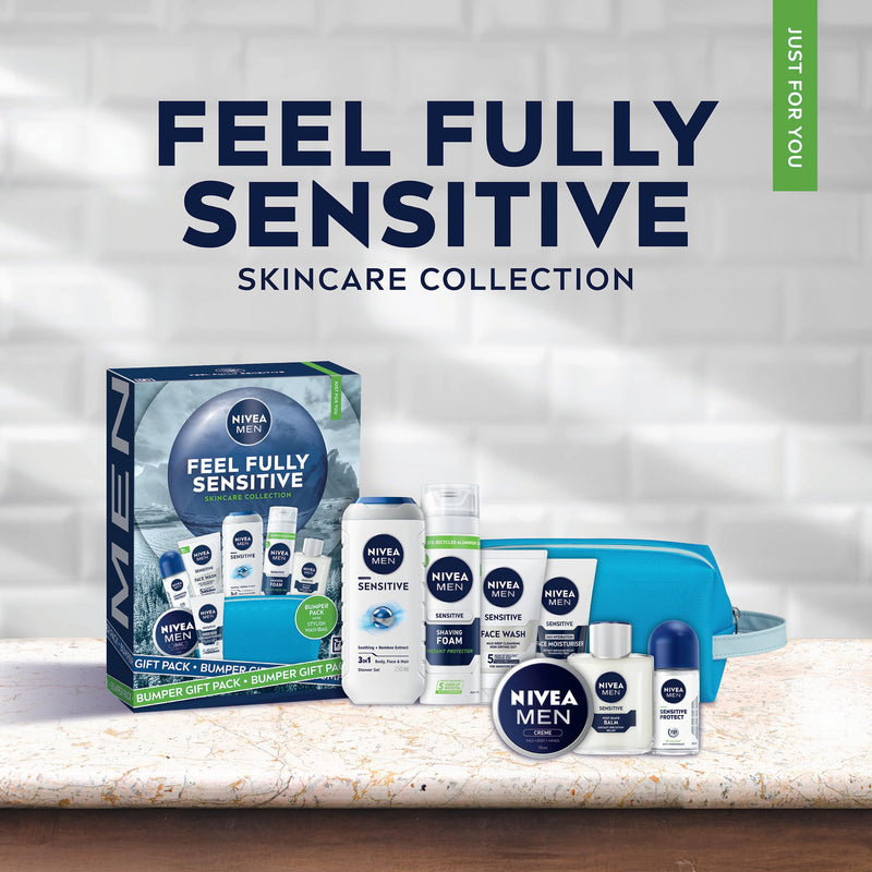NIVEA MEN Feel Fully Sensitive Skincare Gift Set (8 Products) - Men's Gift Set - Includes Shower Gel, Anti-Perspirant, Face Wash, Shaving Foam, Post Shave Balm, Moisturisers – With Wash Bag