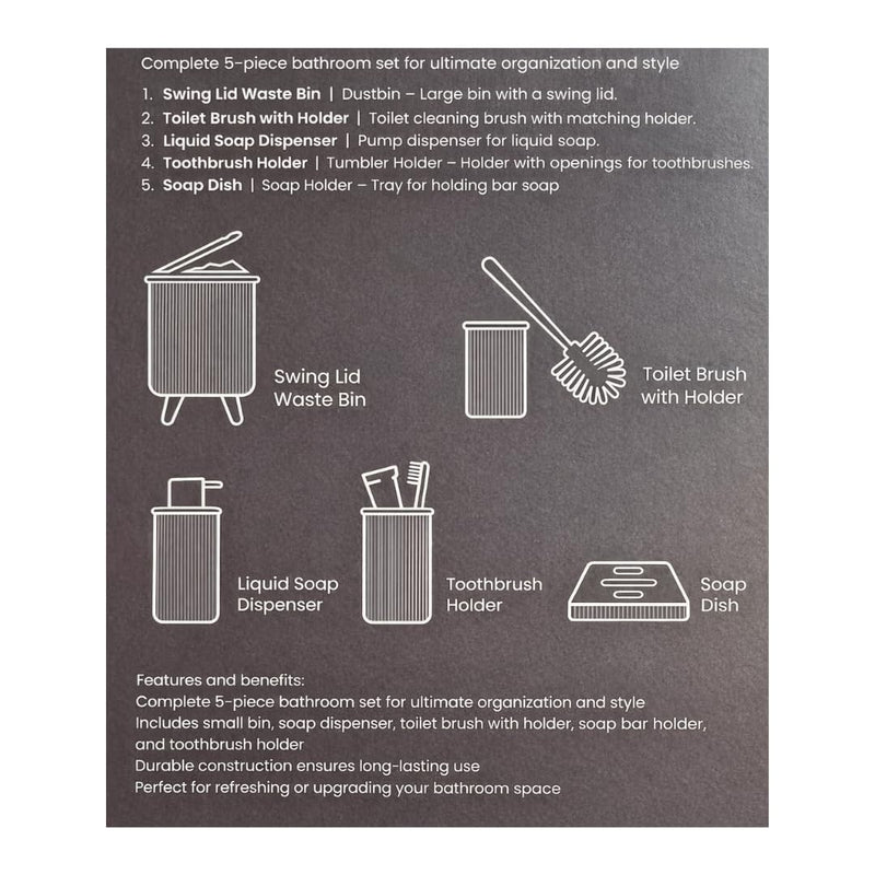 Premium Quality 5-Piece Modern Bathroom Accessories Set, Includes Waste Bin, Toilet Brush with Holder, Toothbrush Holder, Soap Dispenser, Soap Dish