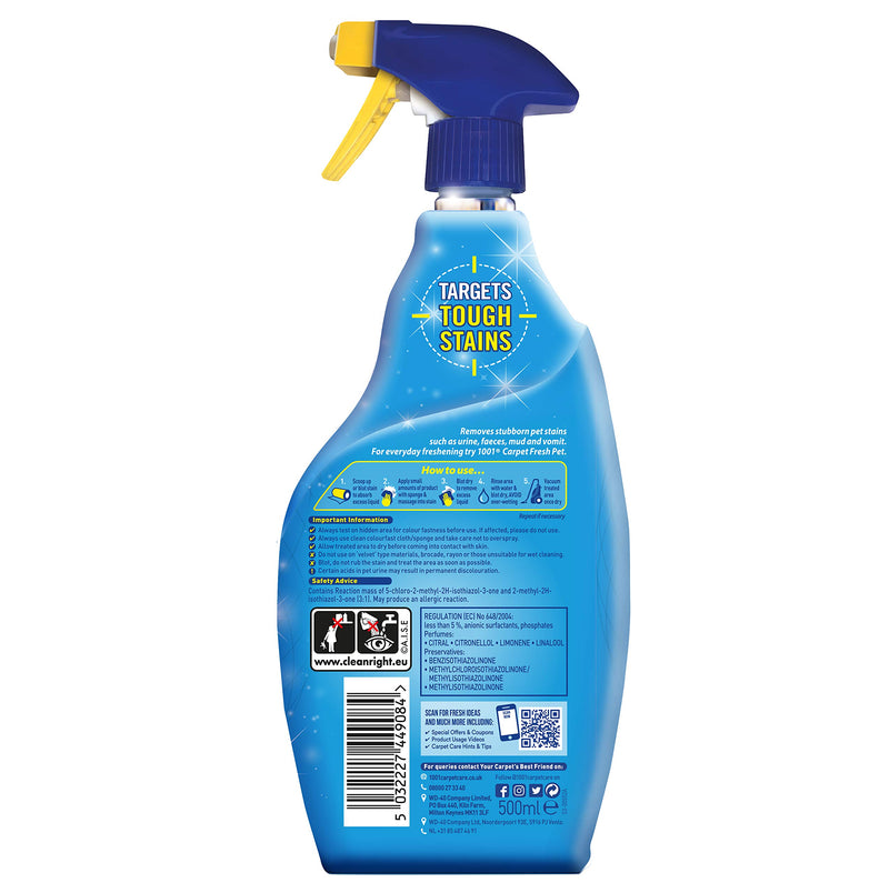 1001 Pet Stain and Odour Remover, Tough On Stubborn Stains, Gentle On Rugs, Upholstery and Carpets, Pack of 6, 500 ml