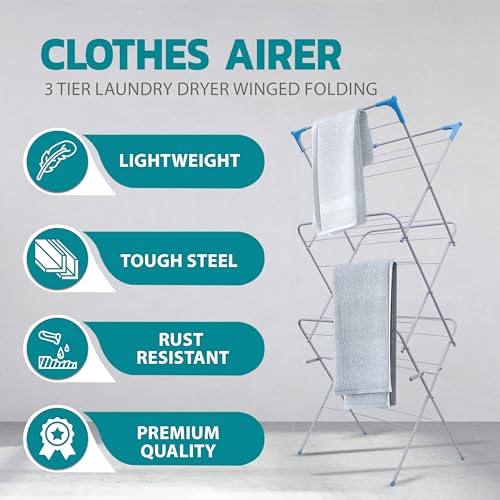 3 Tier Folding Clothes Airer - For Laundry, Indoor And Outdoor | Non-Slip Feet & Corner Spaces for Hangers | Home Storage - Foldable Drying Rack, Lightweight, Space Saving Washing Line