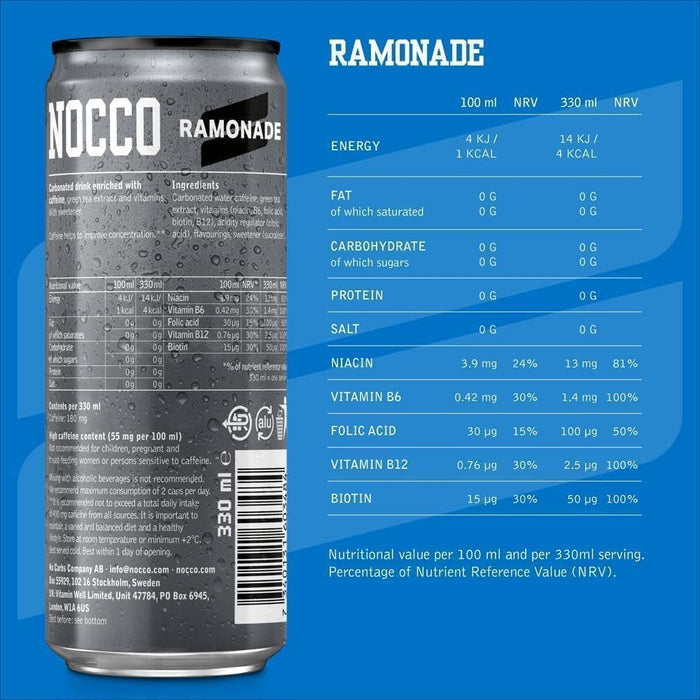 NOCCOO Sugar Free Energy Drink – 180mg High Caffeine, Enriched with Amino Acids & Vitamins, Ideal for Pre Workout – 12 x 330ml (Ramonade)