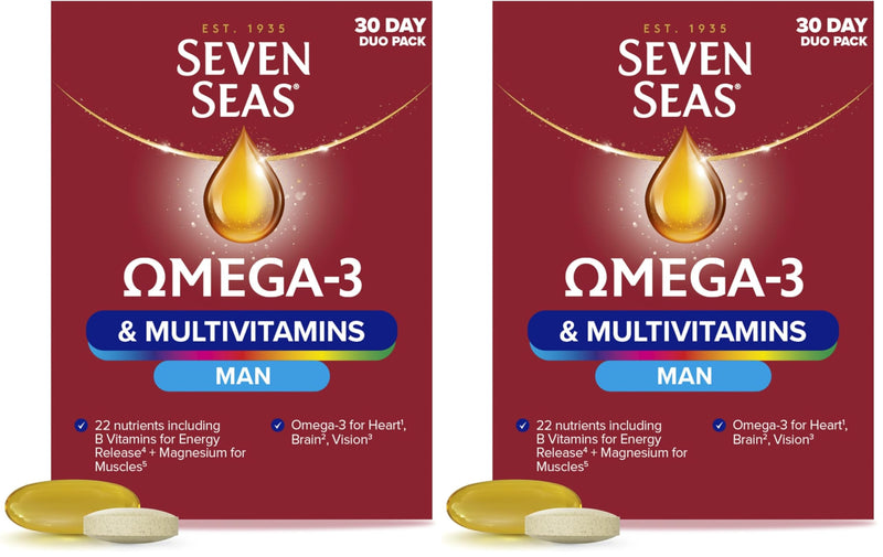 Seven Seas Omega-3 and Multivitamins Man, with B Vitamins and Magnesium, 30-Day Duo Pack, 30 Omega-3 Capsules and 30 Multivitamin Tablets