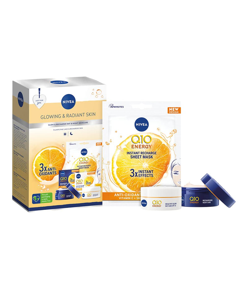 NIVEA Glowing & Radiant Gift Set (3 Pieces), NIVEA Gift Set Includes 100% Skin Identical Q10 Enriched Day Cream, Night Cream, and Face Sheet Mask, Gifts for Women
