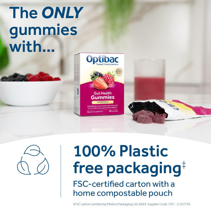 Optibac Probiotics Gut Health Gummies - Vegan Digestive Probiotic Supplement with Vitamin D, Zinc & Calcium for Immune Support & Gut Health - 5 Billion Bacterial Cultures - 30 Gummies