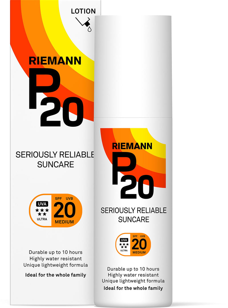 Riemann P20 Once a day Sunscreen SPF20 Cream/Lotion 100ml. Non greasy, hydrating, absorbs fast & long lasting, 5 star UVA & UVB, protection up to 10hrs, water resistant. No fragrance, all day long.