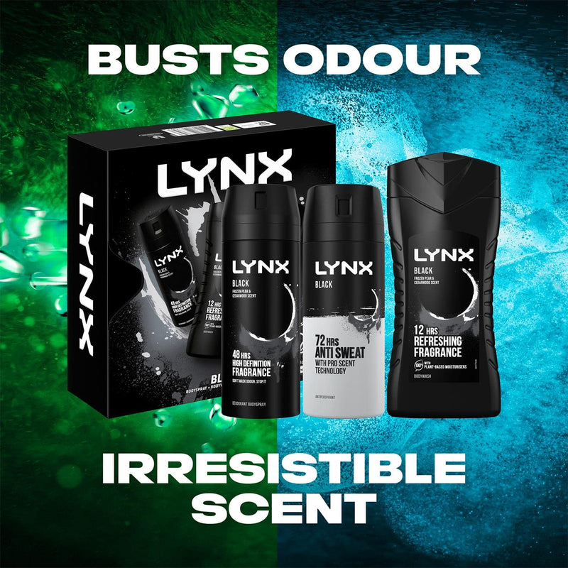LYNX Black Trio Gift Set For Men Bodyspray 150 ml, Bodywash 225 ml & Antiperspirant 150 ml, Gift For Him, 3.0 count
