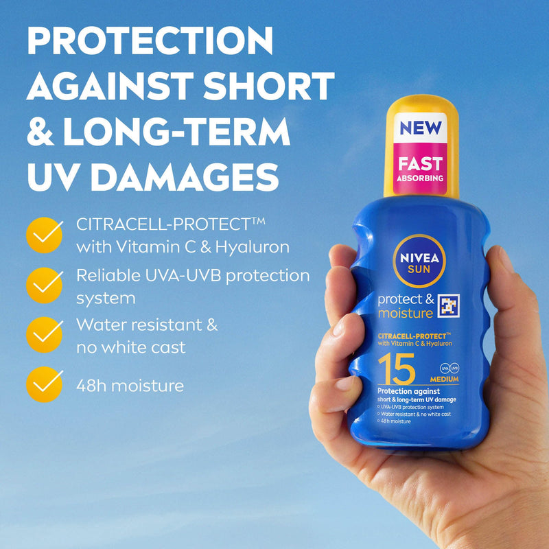 NIVEA SUN Protect & Moisture Sun Spray SPF 15 Moisturising Suncream Spray with SPF 15 Highly Effective Sunscreen Providing Immediate Effective UVA + UVB Protection