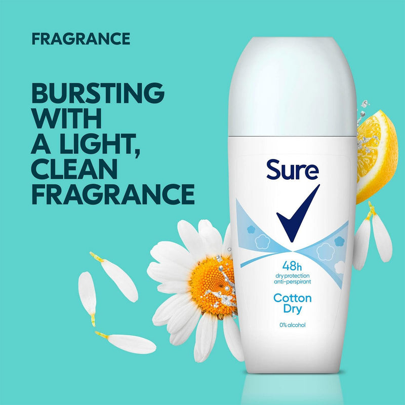 Sure Antiperspirant Roll On Cotton Dry 48H Sweat and Odour Protection Roll On with Fresh, Light and Clean Scent Deodorant for Women, 50ml