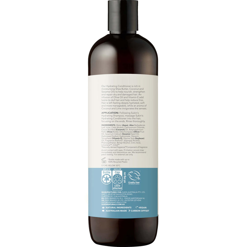 Sukin Hydrating Conditioner 500ml - strengthens and repairs dry and damaged hair, adds shine and tames frizz - with Coconut Oil & Shea Butter; cruelty free & vegan friendly.