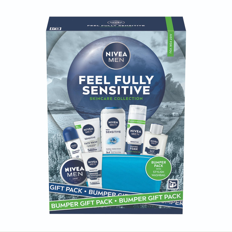 NIVEA MEN Feel Fully Sensitive Skincare Gift Set (8 Products) - Men's Gift Set - Includes Shower Gel, Anti-Perspirant, Face Wash, Shaving Foam, Post Shave Balm, Moisturisers – With Wash Bag