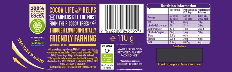 Cadbury Dairy Milk Chocolate Bar 110g (Pack of 21 Bars)