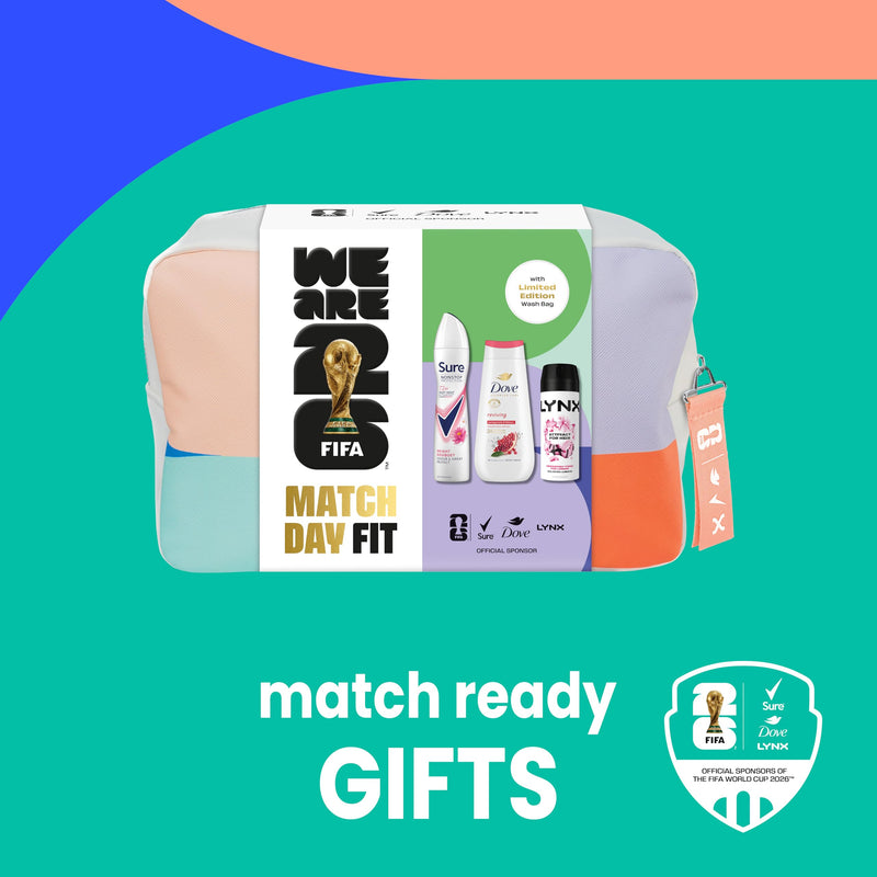 Dove, Lynx, Sure Washbag for Her Gift Set with an advanced anti-perspirant, body wash, body spray & a limited edition wash bag Match Day Fit for her 3 pc