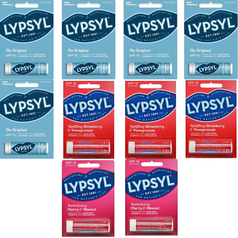 Lypsyl UnTinted Lip Balm Stick 10-Pack – SPF15 – 5x Original, 3x Strawberry & Pomegranate, 2x Cherry & Almond – Moisturizing Lip Care