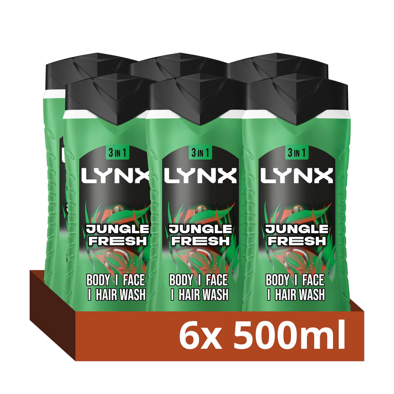 Lynx Jungle Fresh 3-in-1 Body Wash Hair, Face and Body Cleanser shower gel with a palm leaf & amber scent for an all day fresh & clean feel 6x 500 ml