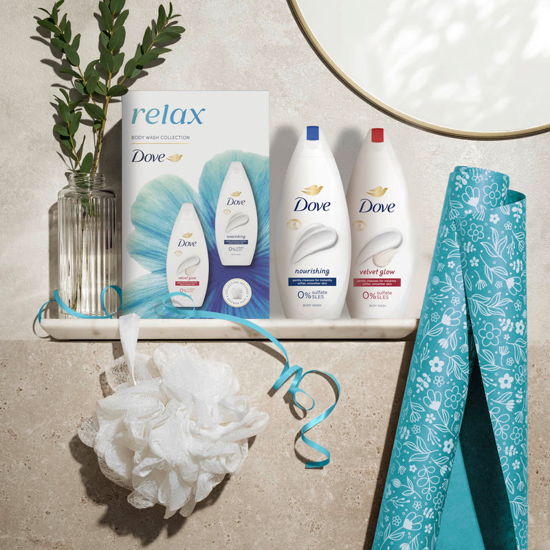 Dove Relax Duo Gift Set Body Wash Collection with a shower puff perfect gifts for her 2 piece