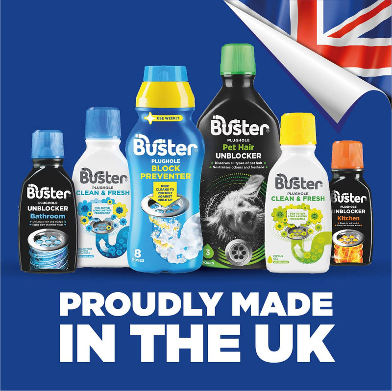 Buster Plughole Block Preventer, 500ml - Prevent Blockages in Bathrooms and Kitchens and Deep Clean to Protect Against Build-Up-For Use in All Plugholes, Pipes and Overflows