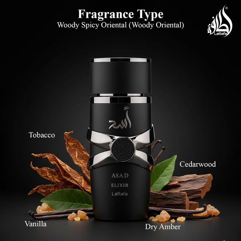 Lattafa Asad Elixir Eau de Parfum 100ml – Long-Lasting Amber Woody Spicy Men’s Fragrance with Tobacco, Cedar & Vanilla Notes | Powerful Masculine Arabic Perfume