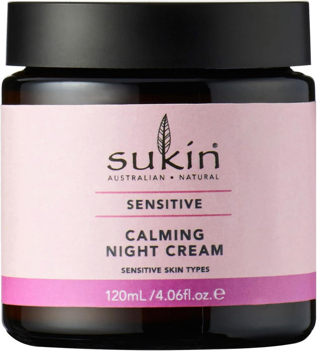 Sukin Sensitive Calming Night Cream 120ml - with Rosehip & Evening Primrose; vegan friendly - improves texture while you sleep, soothes & helps relieve redness, boost moisture levels for dry skin.