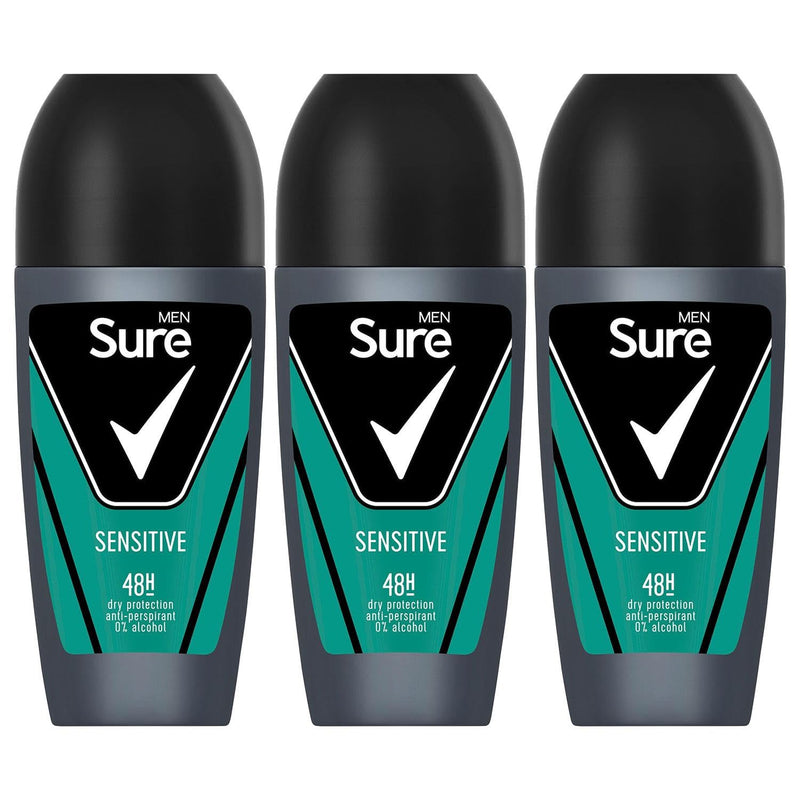 Sure Antiperspirant Roll On Sensitive 48H Sweat and Odour Protection Roll On with Sandalwood, Patchouli and Vanilla Fragrance Deodorant for Men, 50ml