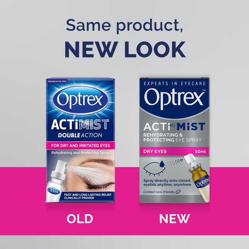 Optrex Actimist, Dry Eyes, 10ml, Rehydrating & Protecting Eye Spray ,Instant, Long-Lasting relief, Dual Action Relief For Tired, Dry Eyes, Treatment For Discomfort And Fatigue, Easy to Apply