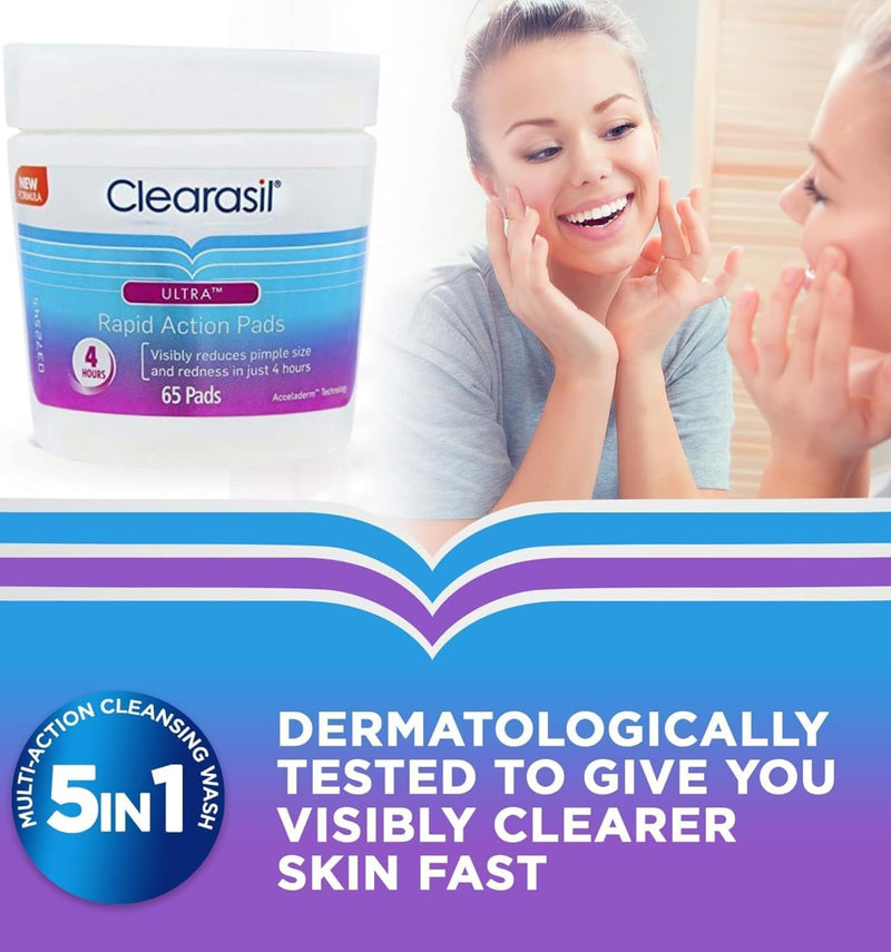 Clearsil 4-In-1Ultra Rapid Action Face Wipe Pads 65, For Acne Prone Skin, Unblock Pores, Dermatologist tested, Everyday Spot Prevention, 65's (Pack Of 4) cleanse, exfoliates, helps clear spots fast