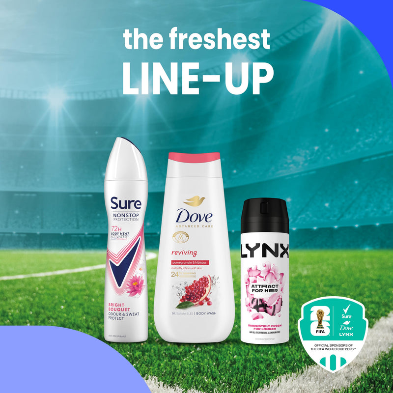 Dove, Lynx, Sure Washbag for Her Gift Set with an advanced anti-perspirant, body wash, body spray & a limited edition wash bag Match Day Fit for her 3 pc