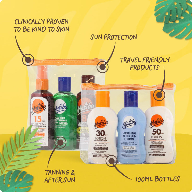 Malibu Sun Travel Tanning Essentials with Dry Oil Spray Medium Protection and After Sun Lotion, Multipack, 3