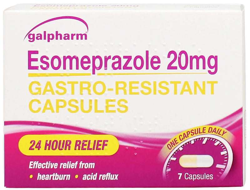 7 Capsules of Galpharm Esomeprazole 20mg Heartburn & Acid Reflux Control - 24 Hour Relief