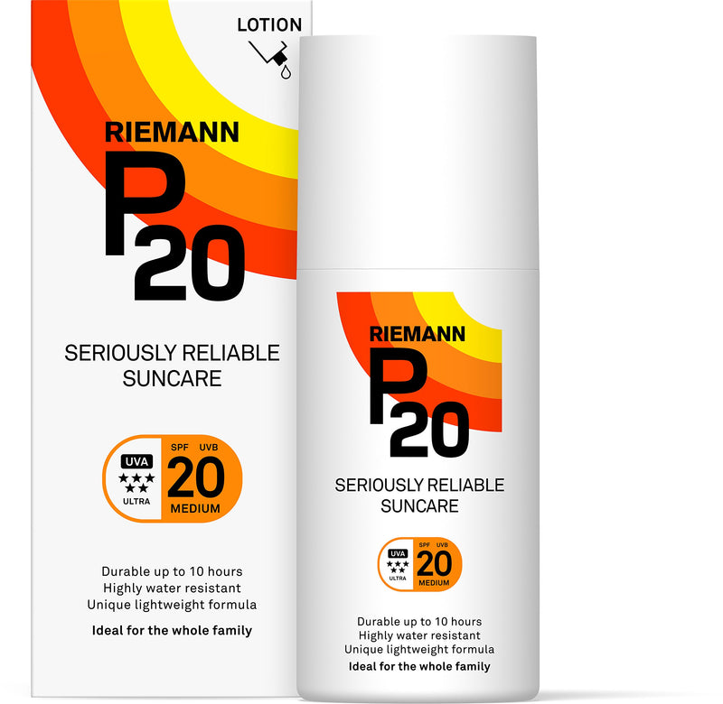 Riemann P20 Once a day Sunscreen SPF20 Cream/Lotion 100ml. Non greasy, hydrating, absorbs fast & long lasting, 5 star UVA & UVB, protection up to 10hrs, water resistant. No fragrance, all day long.