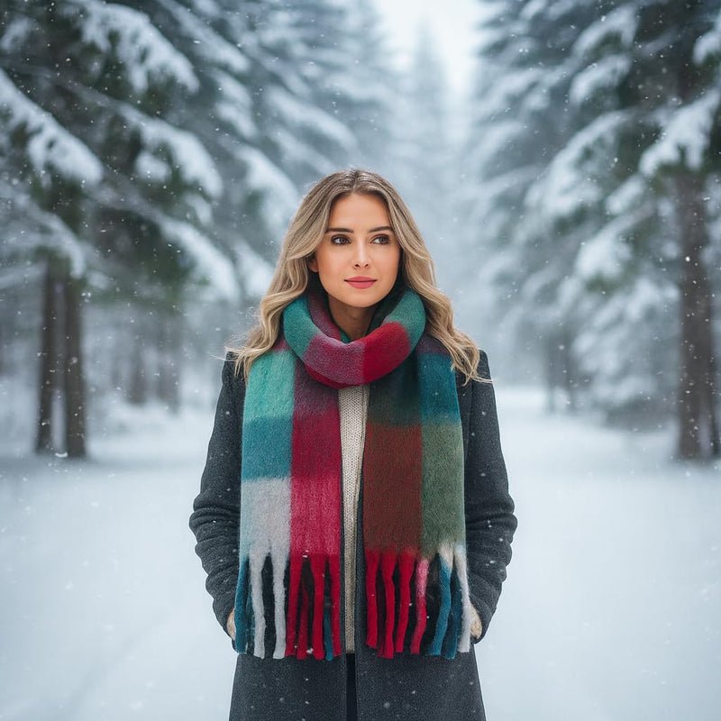 Big Brands Direct Premium Quality Women’s Furry Soft Rainbow Scarf Oversized Warm Winter Shawl with Multicolour Checks Ultra Cozy, Lightweight & Stylish Cold-Weather Wrap for Ladies