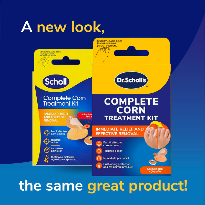 Scholl Complete Corn Removal Treatment Kit, 1 Pack - Medicated Action with Salicylic Acid, Includes 6 Pads, 6 Medicated Discs, and 9 Cushions for Effective Corn Removal
