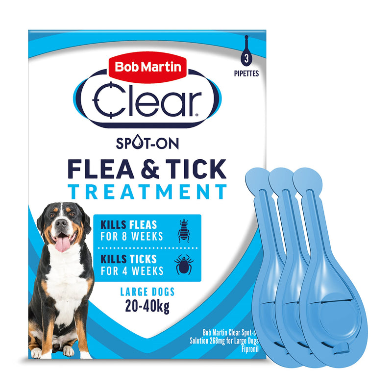 Bob Martin Clear Plus Spot On Flea Treatment for Large, Small and Medium Dogs- Kills Fleas, Ticks, Lice and Flea Eggs (3 Pipettes)