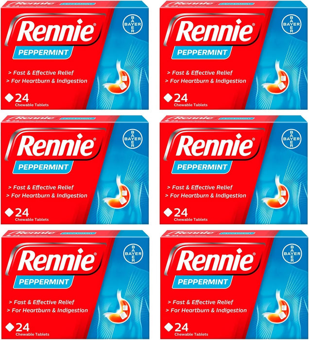 Rennie Peppermint - Antacids, Heartburn Relief and Indigestion Tablets, Fast and Effective Relief for Acid Reflux - 144 Tablets (6 Pack of 24 Tablets)