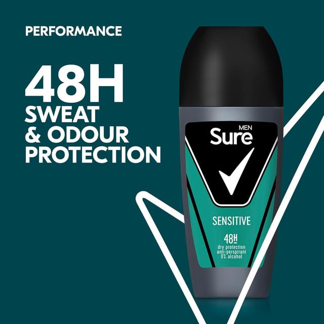 Sure Antiperspirant Roll On Sensitive 48H Sweat and Odour Protection Roll On with Sandalwood, Patchouli and Vanilla Fragrance Deodorant for Men, 50ml