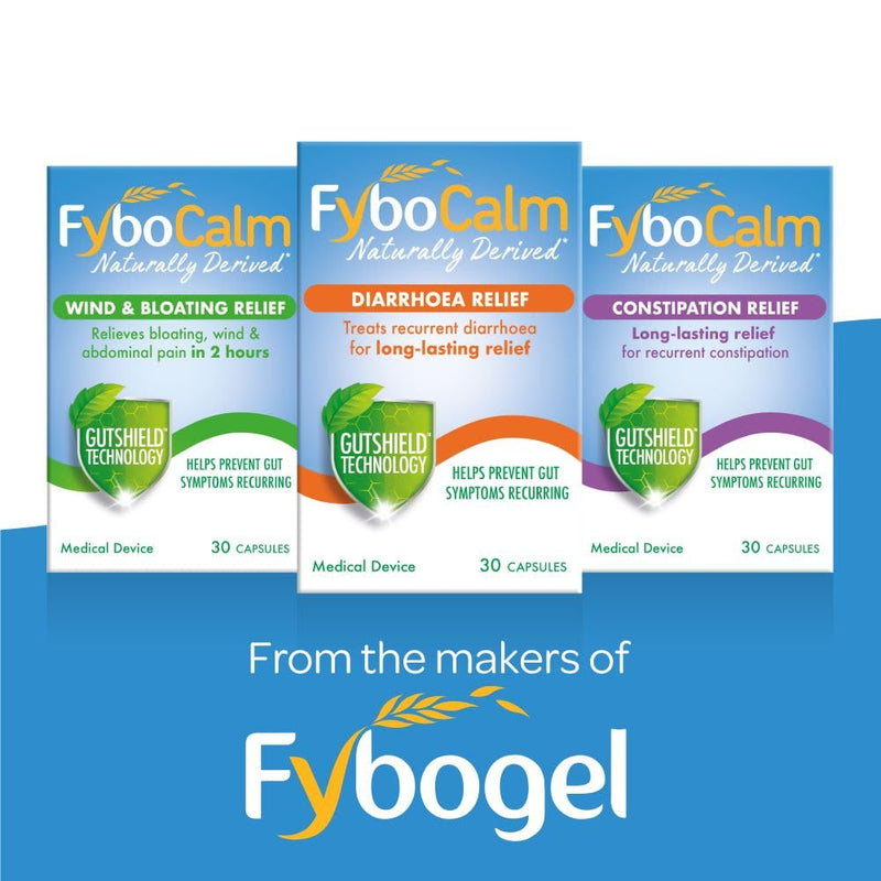 Fybocalm Diarrhoea relief, 30 capsules, Naturally derived, Diarrhoea relief for adults, long-lasting relief, for IBS-related constipation, Clinically proven, Gluten free, Lactose free