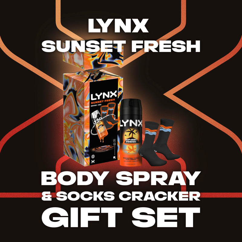 Lynx Sunset Fresh Body Spray & Socks Cracker Gift Set with our latest body spray deodorant scent perfect for any occasion 1 piece