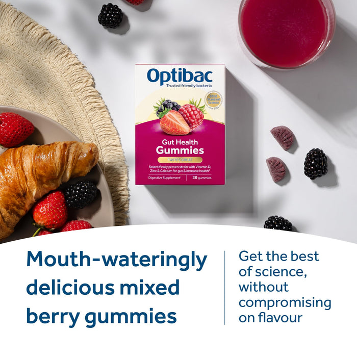 Optibac Probiotics Gut Health Gummies - Vegan Digestive Probiotic Supplement with Vitamin D, Zinc & Calcium for Immune Support & Gut Health - 5 Billion Bacterial Cultures - 30 Gummies
