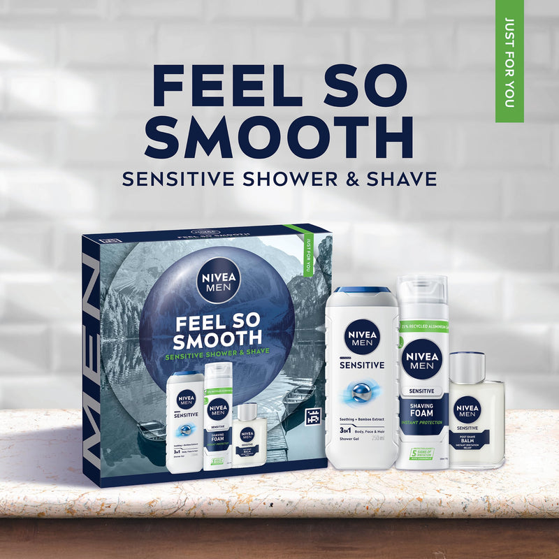NIVEA MEN Feel So Smooth Skincare Gift Set (3 Products) - Men'sGift Set for Sensitive Skin – Includes Shower Gel, Shaving Foam, and Post Shave Balm