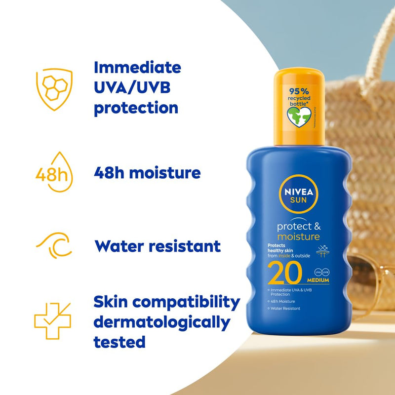 NIVEA SUN Protect & Moisture Sun Spray SPF 15 Moisturising Suncream Spray with SPF 15 Highly Effective Sunscreen Providing Immediate Effective UVA + UVB Protection