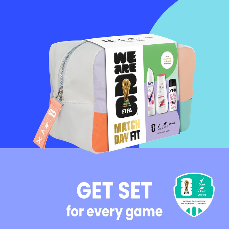 Dove, Lynx, Sure Washbag for Her Gift Set with an advanced anti-perspirant, body wash, body spray & a limited edition wash bag Match Day Fit for her 3 pc