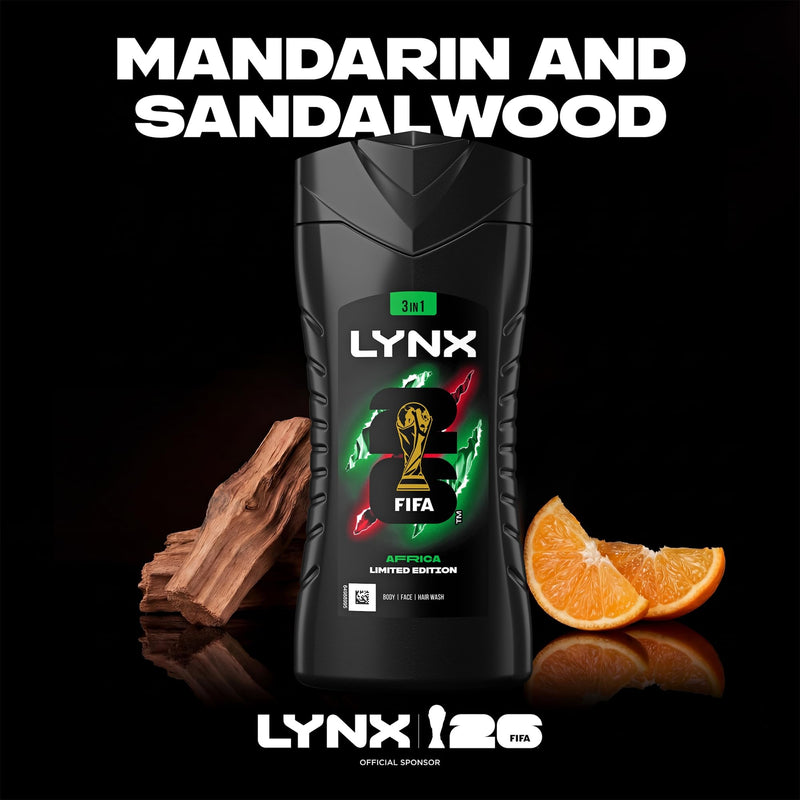 Lynx Limited Edition FIFA Africa 3-in-1 Body Wash 225ml, 12 Pack Men's Shower Gel for Body Hair Face, 12H Refreshing Fragrance, Hydrating Cleansing Shower Gel, Daily Grooming Body Wash for Men