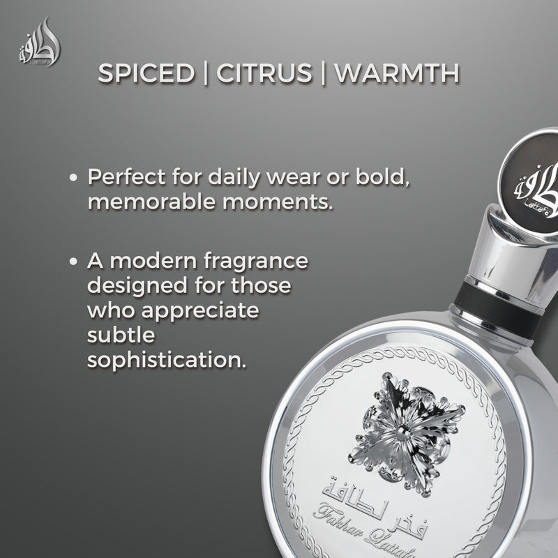 Lattafa Fakhar Platin Eau de Parfum for Men – 100ml | Spicy Woody Fragrance with Bergamot, Ginger & Sandalwood | Bold, Modern Scent | Long Lasting Arabic Perfume