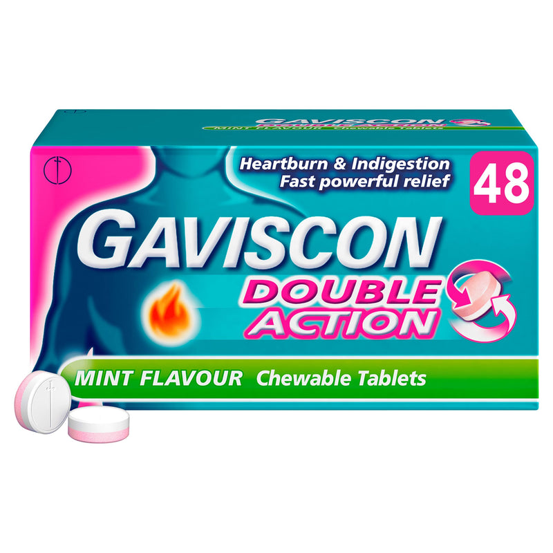 Gaviscon Double Action Tablets, Mint Flavour, 48 Tablets, Indigestion and Heartburn Relief, Indigestion Tablets, Acid Reflux, Antacid, Gets to Work Instantly, Lasts 2X Longer, Antacids