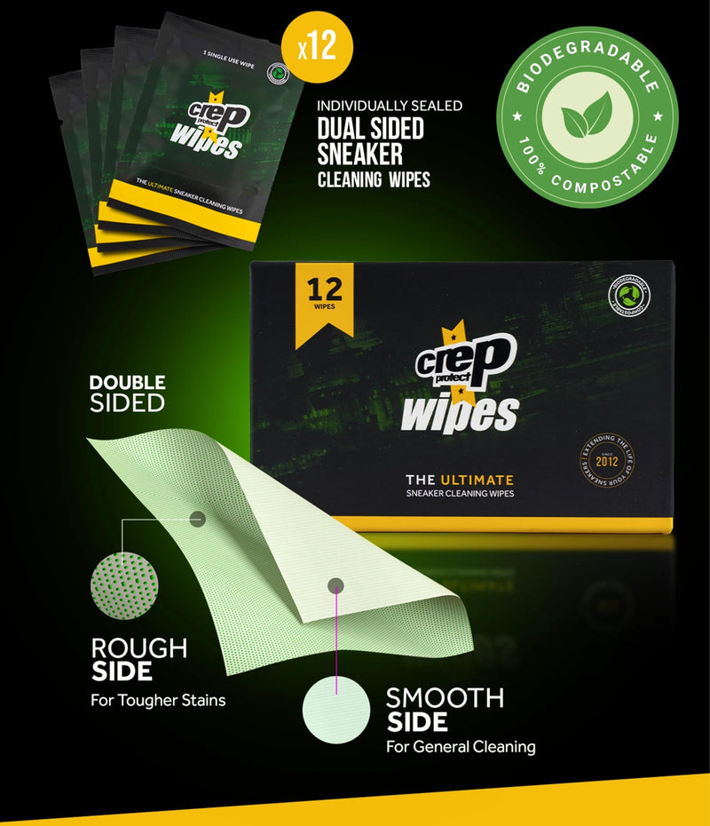 Crep Protect Shoe Wipes - Biodegradable, Dual-Sided Sneaker Cleaning Wipes for Quick Dirt & Scuff Removal - Individually Wrapped (Pack of 12)