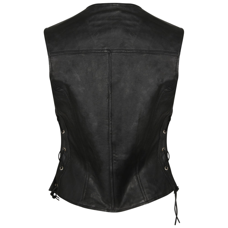 Ladies Real Leather Side Lace Motorcycle Biker Waistcoat Vest Gilet