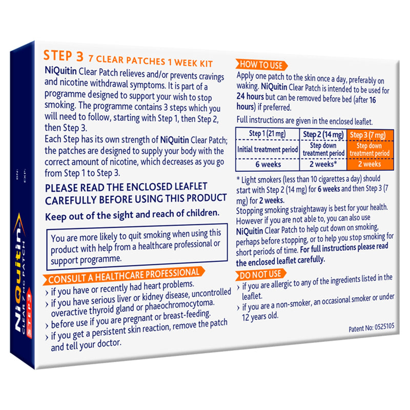 NiQuitin Clear Nicotine Patches Step 3 7mg, Pack of 7 (1 Week)