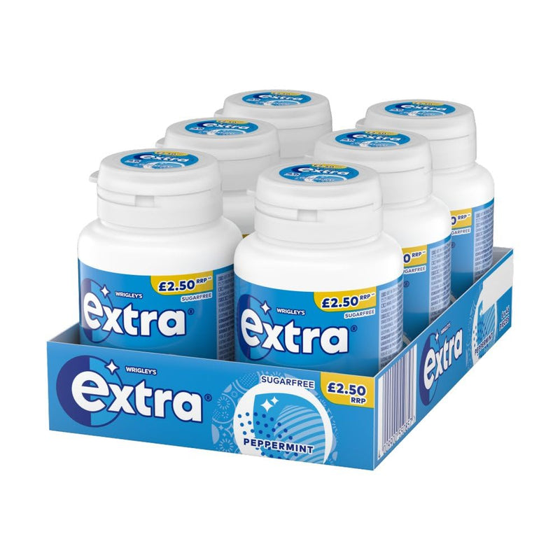 Wrigley's Extra Chewing Gum, Peppermint Flavour, 6 Bottles of 46 Pieces, Extra Blue, Price Marked, Sugar Free Chewing Gum, Bulk Pack with Xylitol, 276 pieces