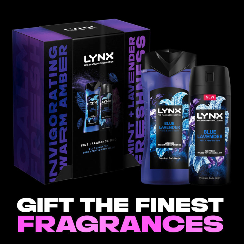 Lynx Blue Lavender Fine Fragrance Duo Gift Set with a body spray and a body wash perfect for any occasion 2 piece