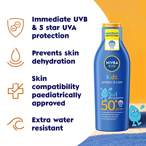 NIVEA SUN Kids Moisturising Sun Lotion SPF50+ (200 ml), Moisturising Suncream with SPF50+, Children's Sunscreen for Immediate Protection from Sun Exposure