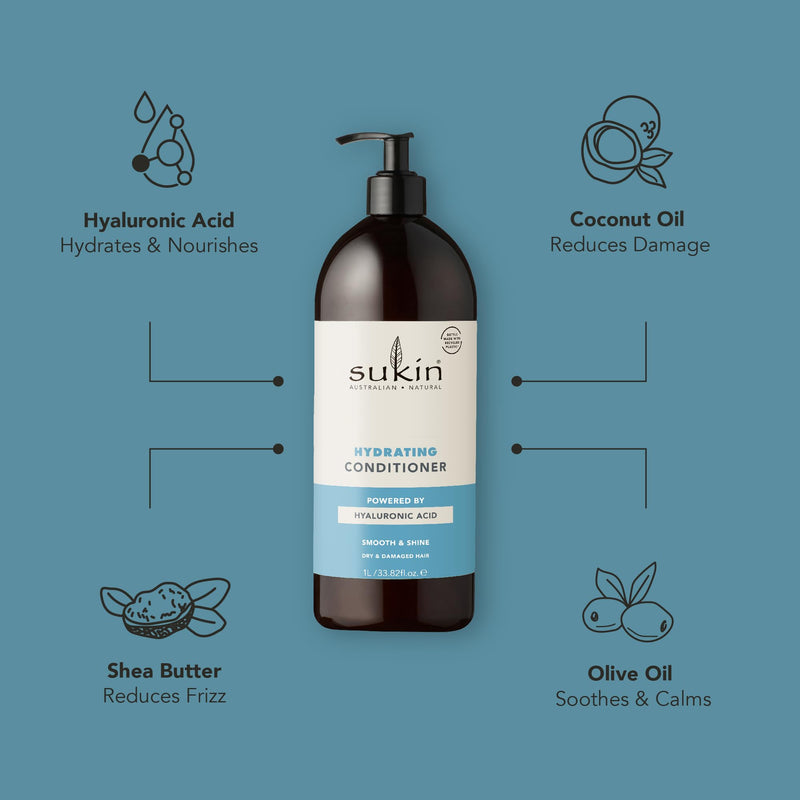 Sukin Hydrating Conditioner 500ml - strengthens and repairs dry and damaged hair, adds shine and tames frizz - with Coconut Oil & Shea Butter; cruelty free & vegan friendly.